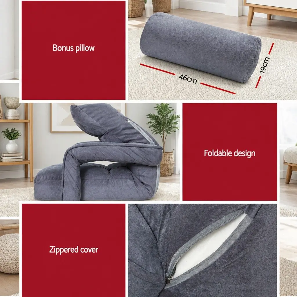 Floor Lounge Chair Adjustable Swivel 360 Degree Charcoal Linen and Flocking Fabric with C-Shape Side Table Black Particle Board and Metal Frame Set
