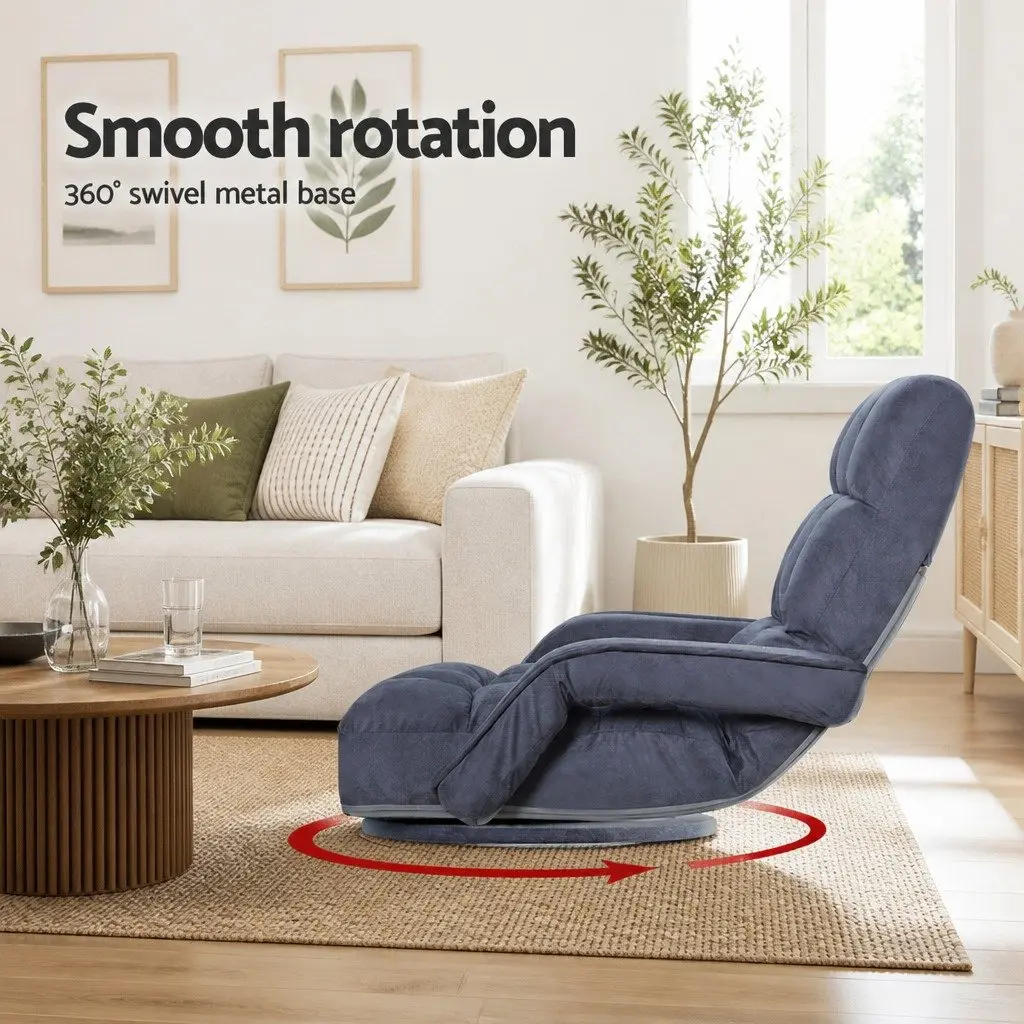Floor Lounge Chair Adjustable Swivel 360 Degree Charcoal Linen and Flocking Fabric with C-Shape Side Table Black Particle Board and Metal Frame Set