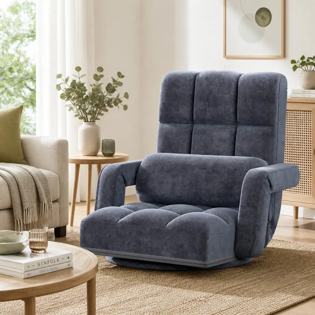 Floor Lounge Chair Adjustable Reclining Charcoal Foldable Linen and Flocking Fabric