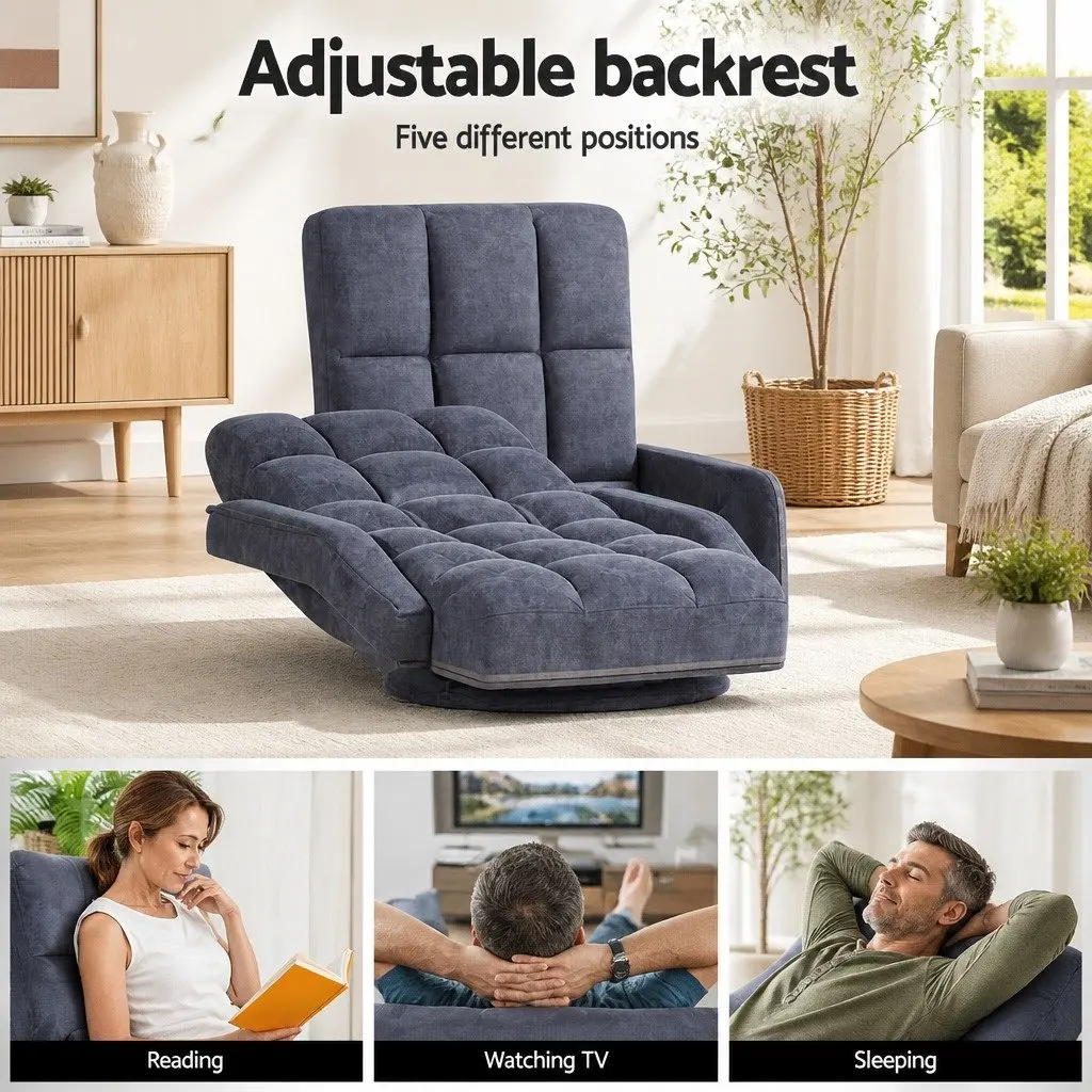 Floor Lounge Chair Adjustable Reclining Charcoal Foldable Linen and Flocking Fabric