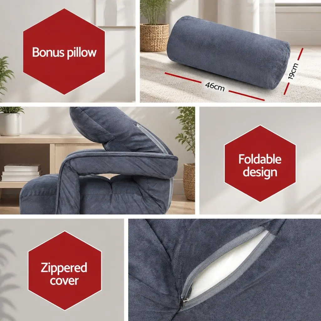 Floor Lounge Chair Adjustable Reclining Charcoal Foldable Linen and Flocking Fabric