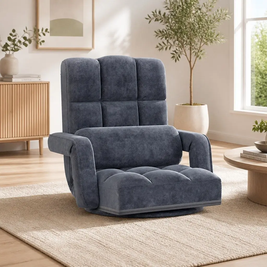 Floor Lounge Chair Adjustable Reclining Charcoal Foldable Linen and Flocking Fabric