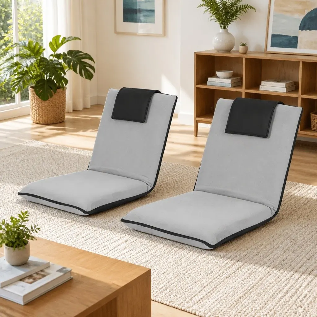Floor Lounge Sofa Bed Chair Grey Adjustable Recliner Foldable Portable Flocking Fabric and Linen