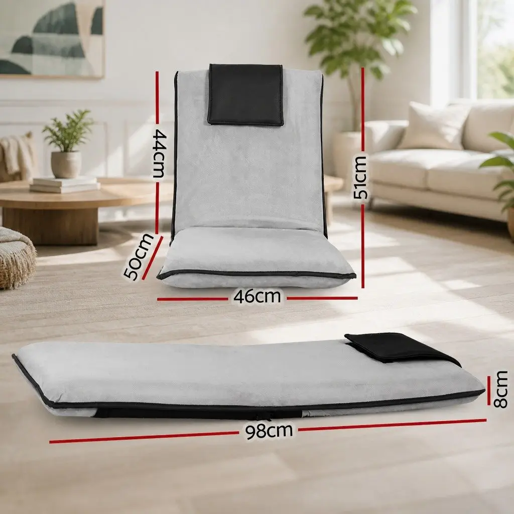 Floor Lounge Sofa Bed Chair Grey Adjustable Recliner Foldable Portable Flocking Fabric and Linen