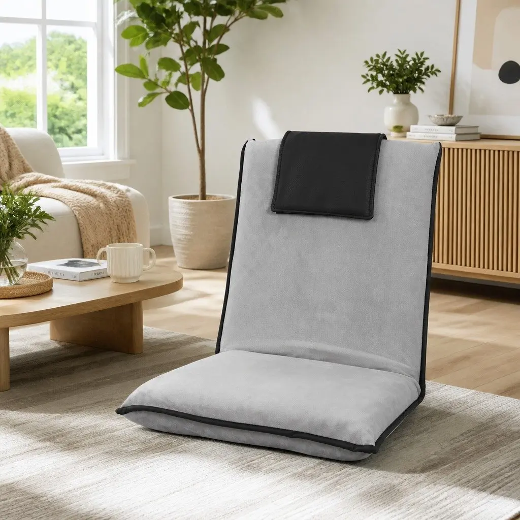 Floor Lounge Sofa Bed Chair Grey Adjustable Recliner Foldable Portable Flocking Fabric and Linen