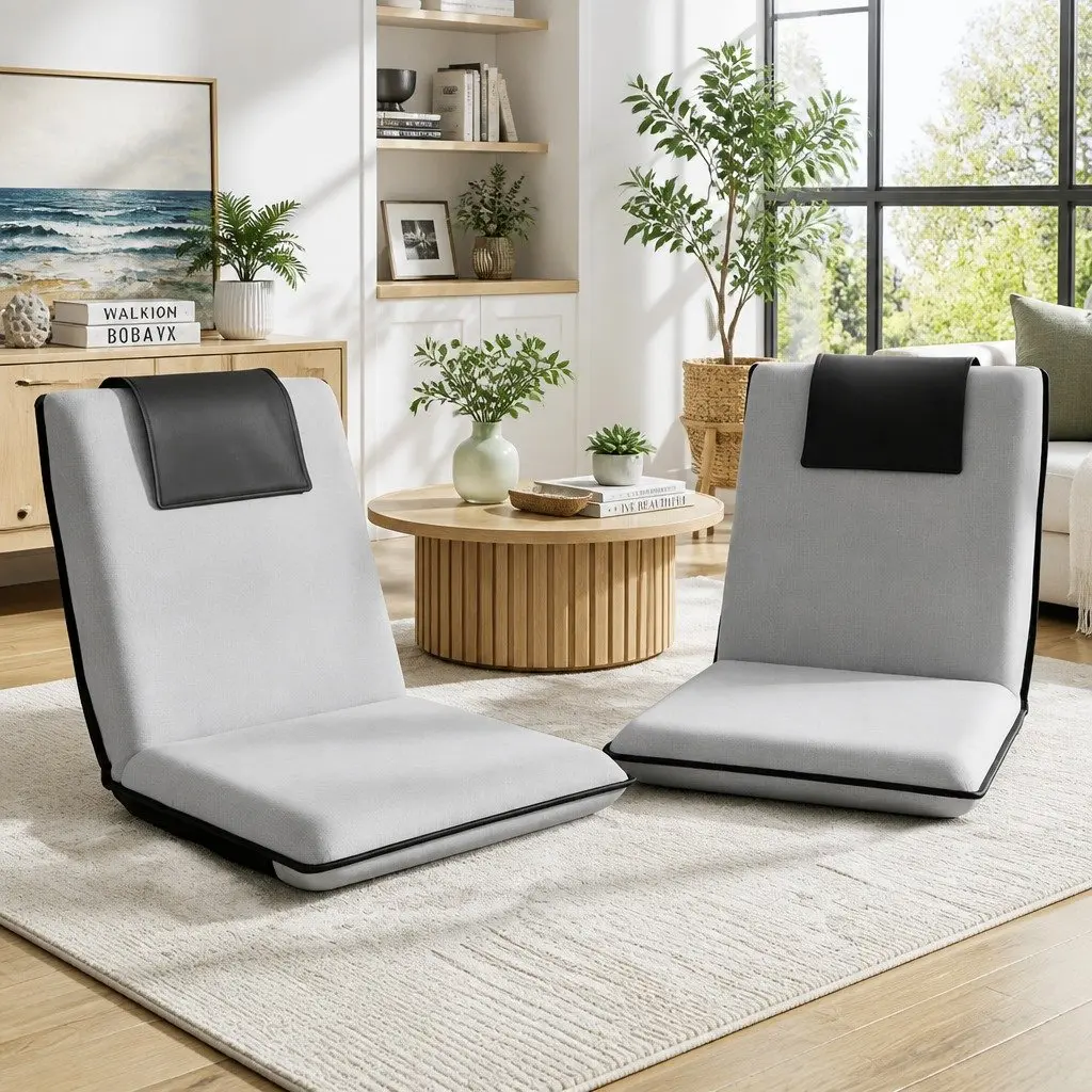 Floor Lounge Sofa Bed Chair Grey Adjustable Recliner Foldable Portable Flocking Fabric and Linen