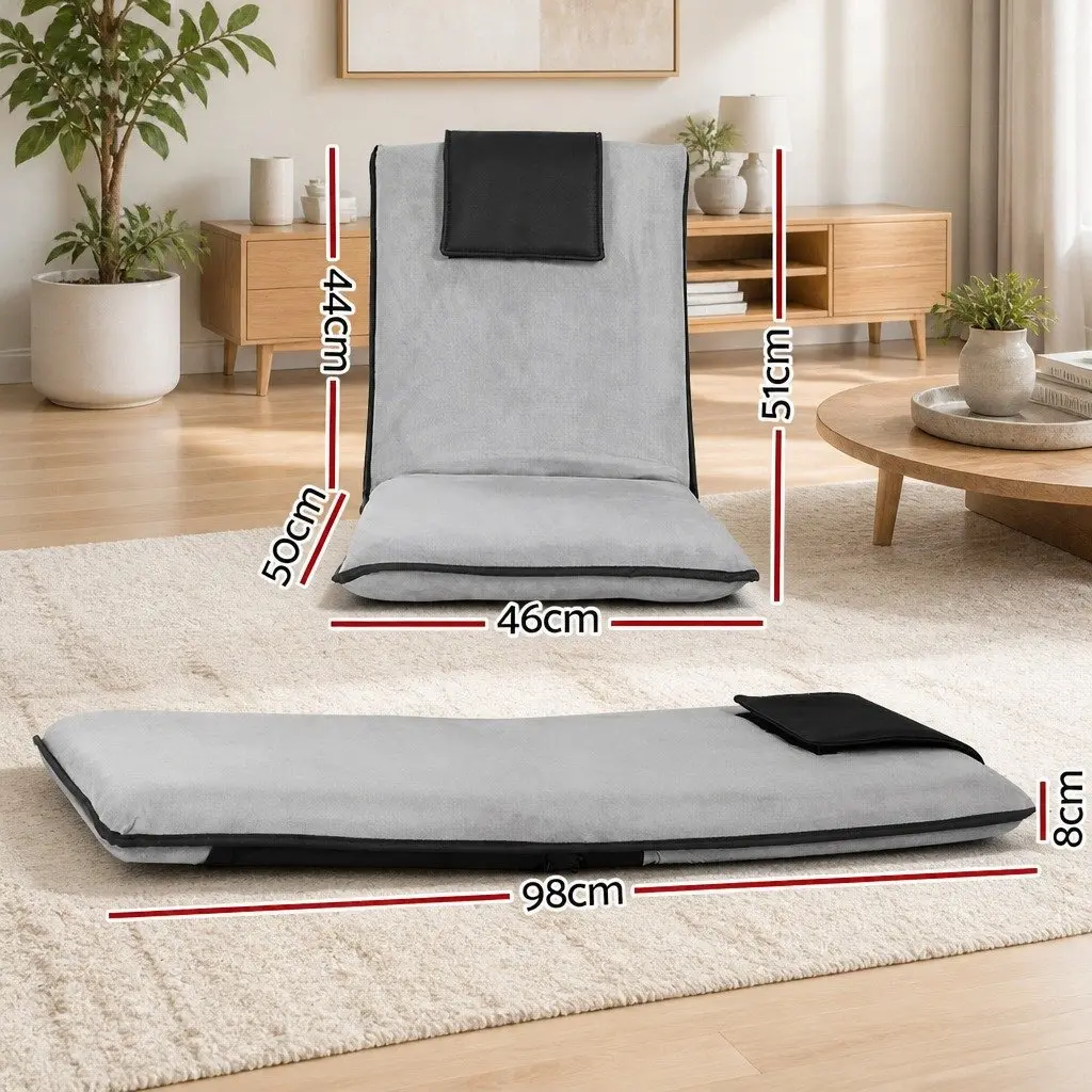 Floor Lounge Sofa Bed Recliner Chair Adjustable Backrest Foldable Flocking Fabric and Linen Grey or Black