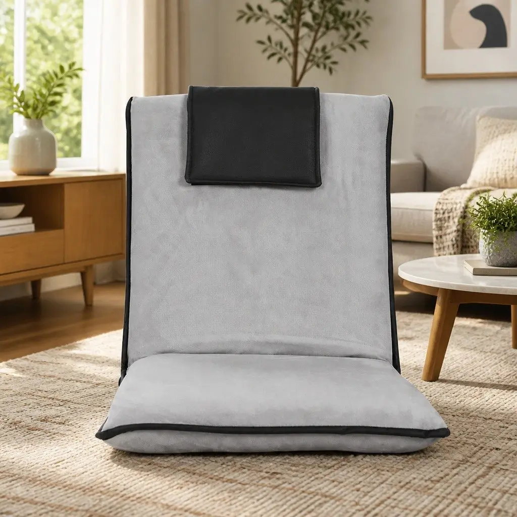Floor Lounge Sofa Bed Recliner Chair Adjustable Backrest Foldable Flocking Fabric and Linen Grey or Black