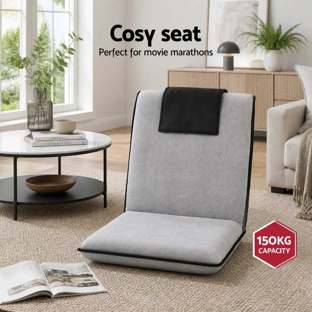 Floor Lounge Sofa Bed Recliner Chair Adjustable Backrest Foldable Flocking Fabric and Linen Grey or Black