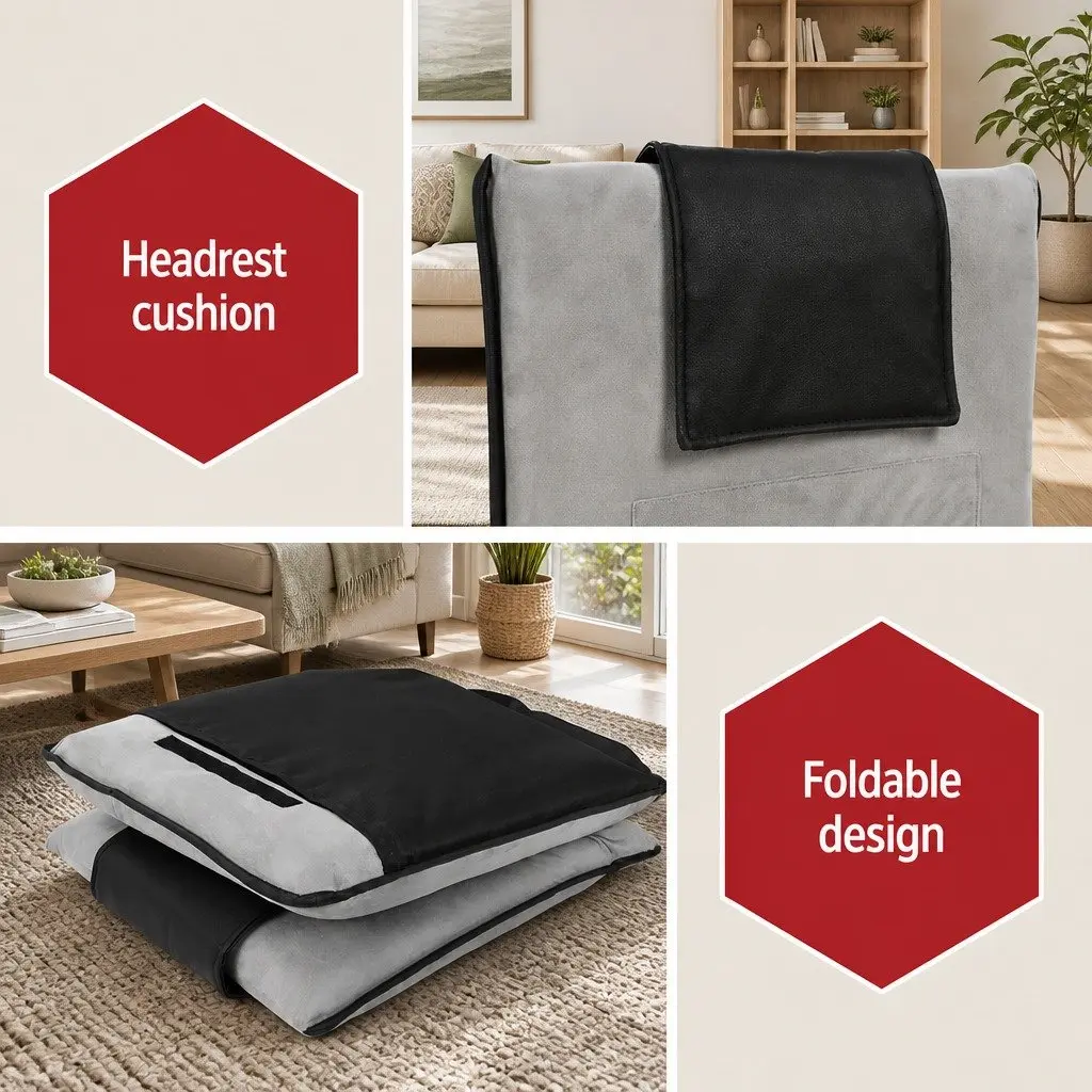 Floor Lounge Sofa Bed Recliner Chair Adjustable Backrest Foldable Flocking Fabric and Linen Grey or Black