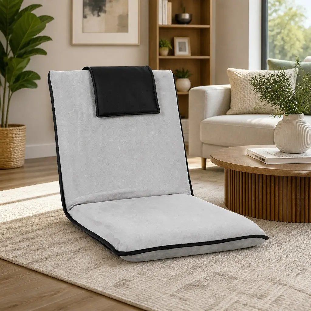 Floor Lounge Sofa Bed Recliner Chair Adjustable Backrest Foldable Flocking Fabric and Linen Grey or Black