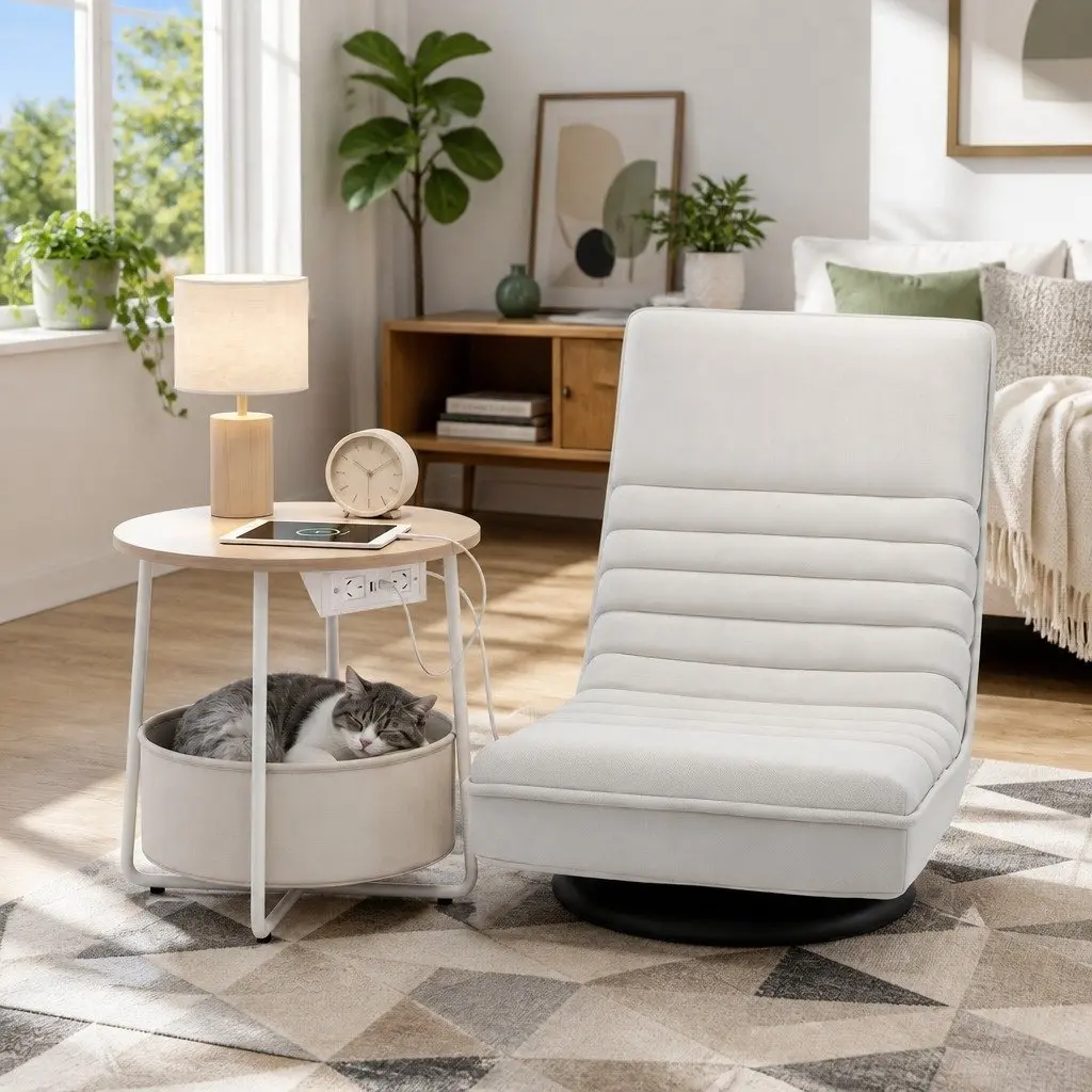 Floor Lounge Chair with Round Coffee Table Side End Charging Station Living