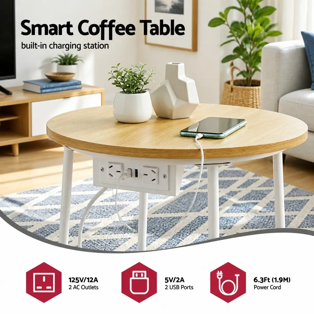 Floor Lounge Chair with Round Coffee Table Side End Charging Station Living