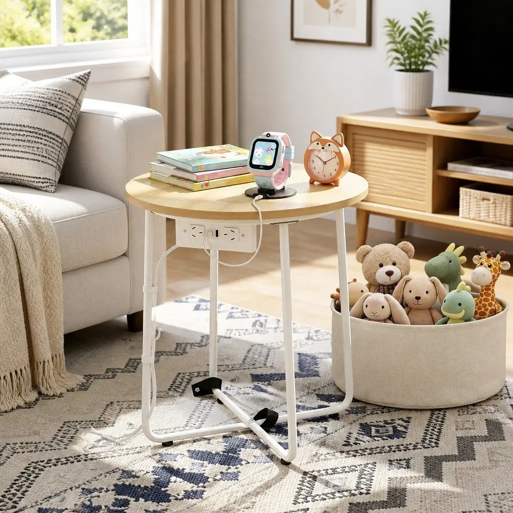 Floor Lounge Chair with Round Coffee Table Side End Charging Station Living