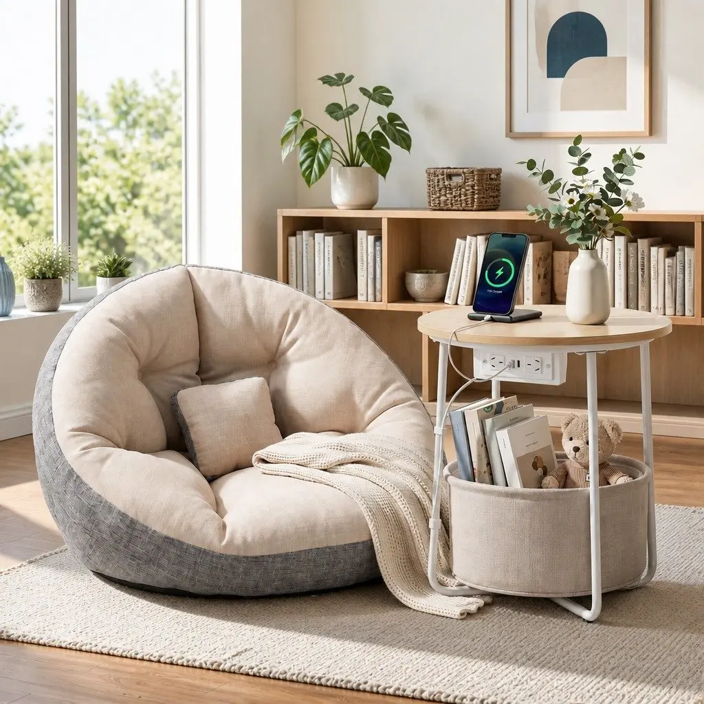 Floor Lounge Sofa Bed with Charging Station Coffee Table 4-in-1 Convertible Faux Linen Fabric 100cm W x 80cm D x 70cm H