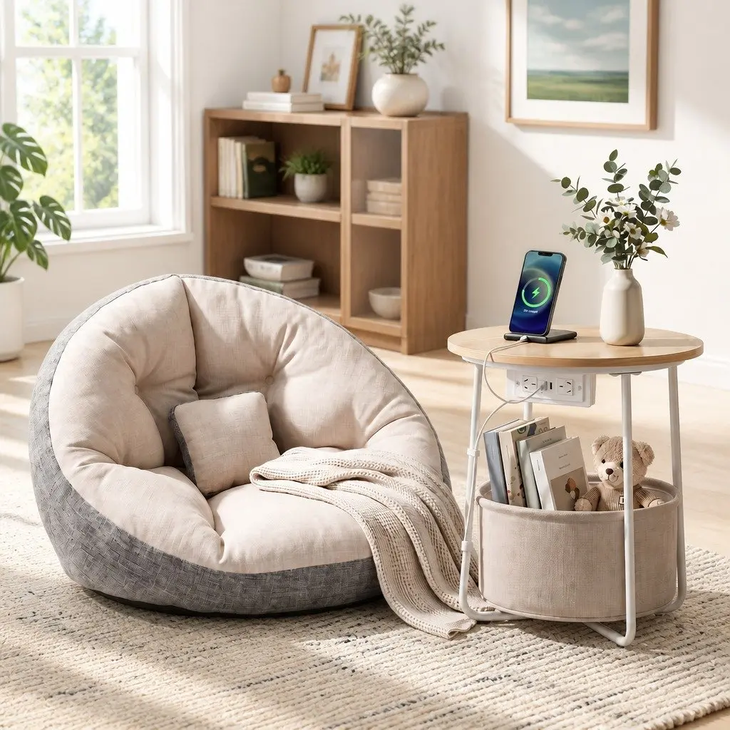 Floor Lounge Sofa Bed with Charging Station Coffee Table 4-in-1 Convertible Faux Linen Fabric 100cm W x 80cm D x 70cm H