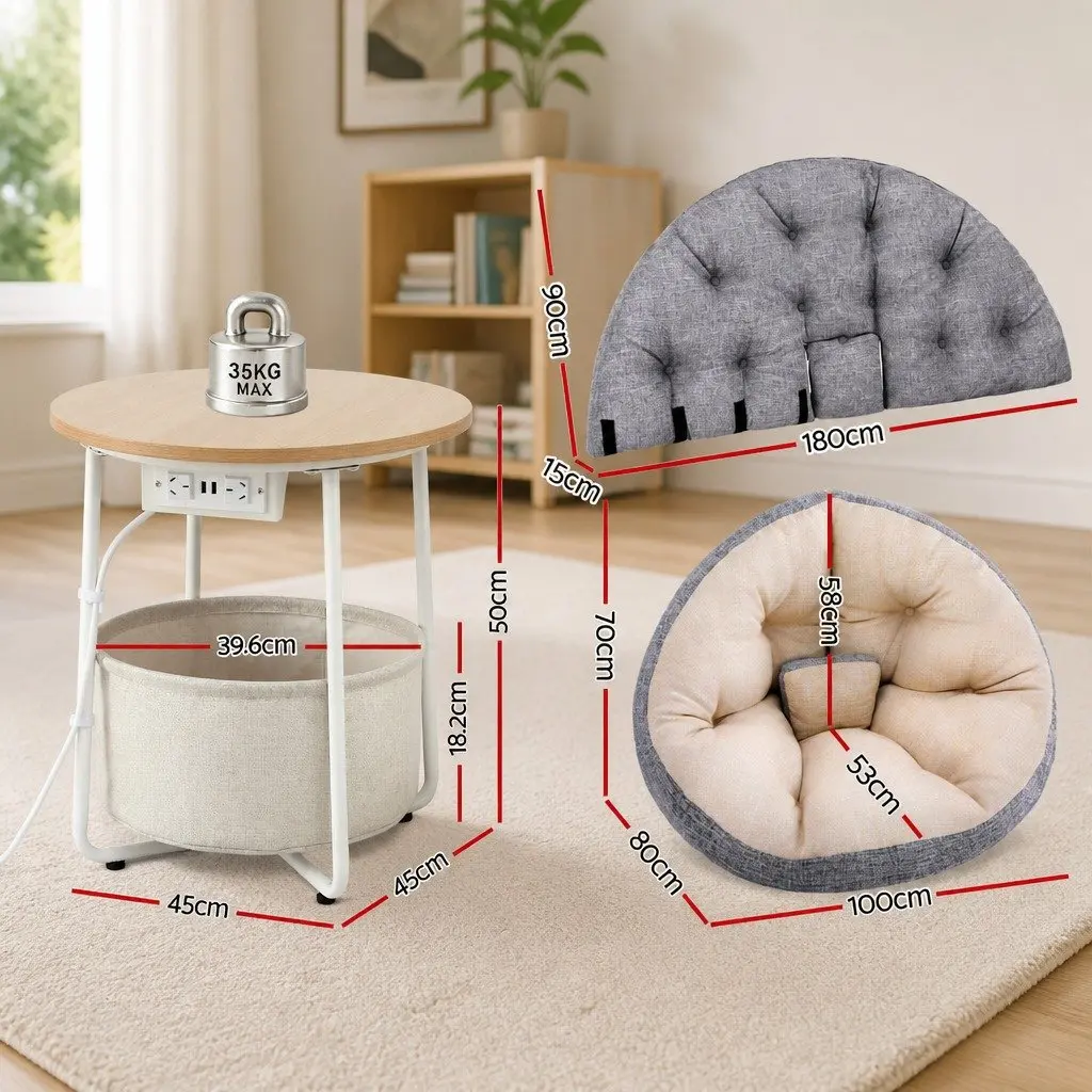 Floor Lounge Sofa Bed with Charging Station Coffee Table 4-in-1 Convertible Faux Linen Fabric 100cm W x 80cm D x 70cm H
