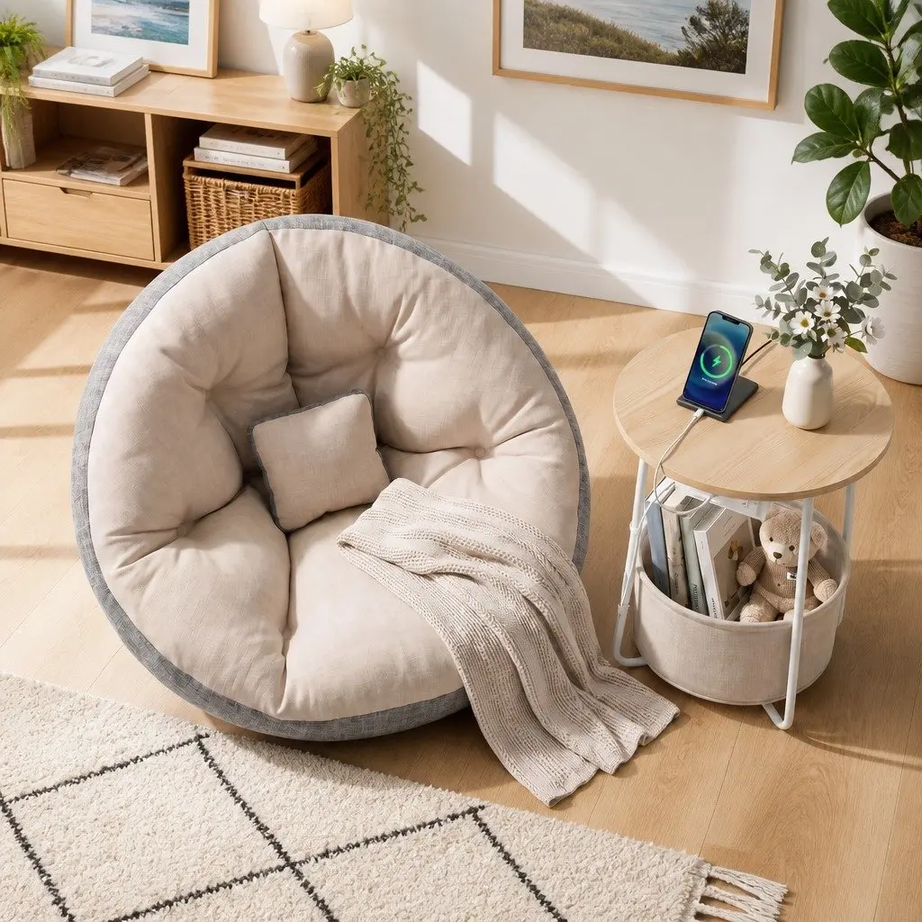 Floor Lounge Sofa Bed with Charging Station Coffee Table 4-in-1 Convertible Faux Linen Fabric 100cm W x 80cm D x 70cm H