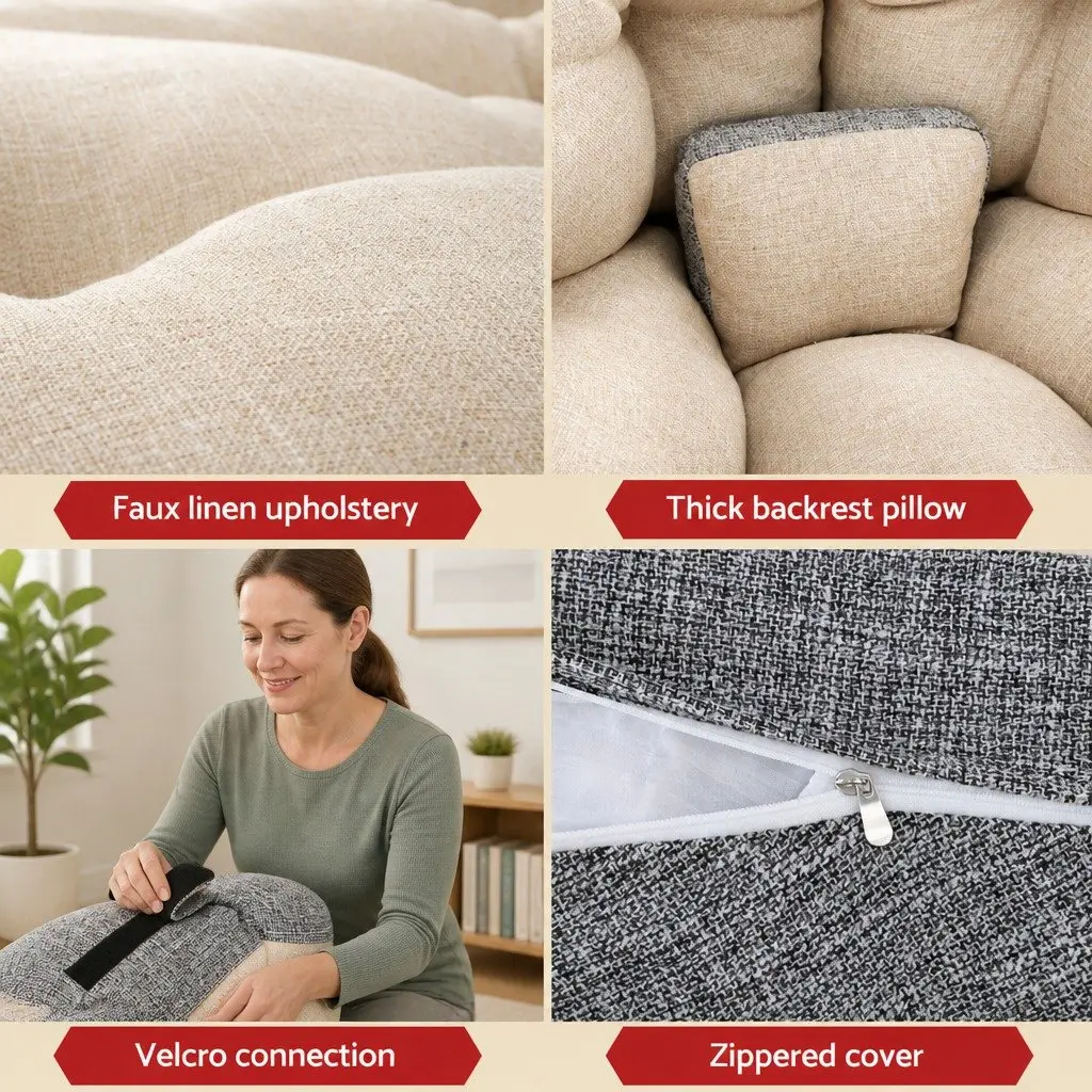 Floor Lounge Sofa Bed with Charging Station Coffee Table 4-in-1 Convertible Faux Linen Fabric 100cm W x 80cm D x 70cm H