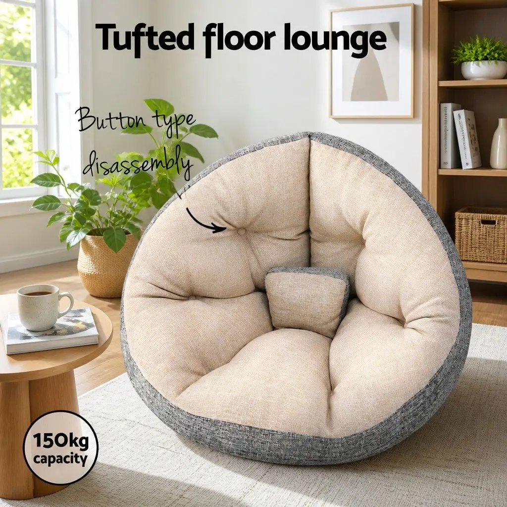 Floor Lounge Sofa Bed with Charging Station Coffee Table 4-in-1 Convertible Faux Linen Fabric 100cm W x 80cm D x 70cm H
