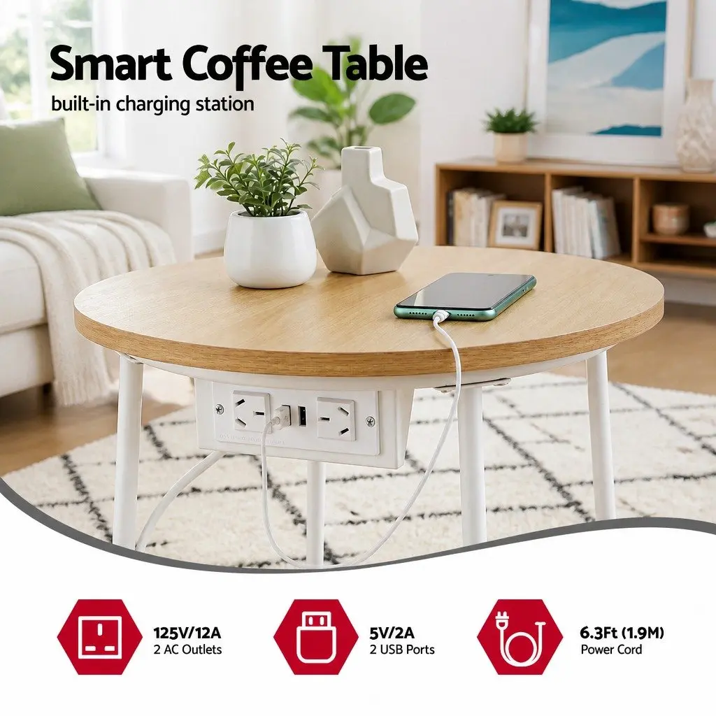 Floor Lounge Sofa Bed with Charging Station Coffee Table 4-in-1 Convertible Faux Linen Fabric 100cm W x 80cm D x 70cm H