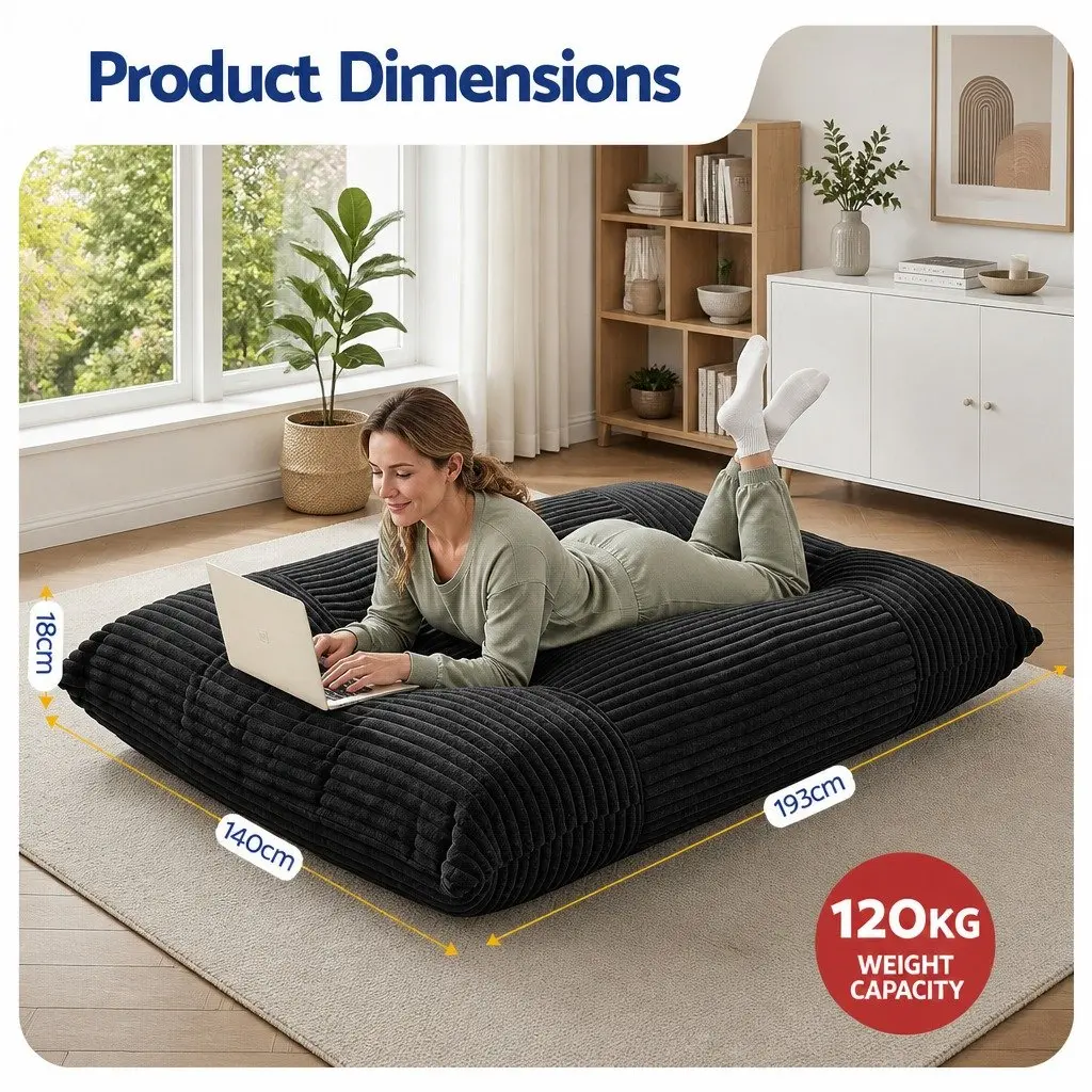 3-in-1 Convertible Bean Bag Chair Lounger Bed Black Polyester