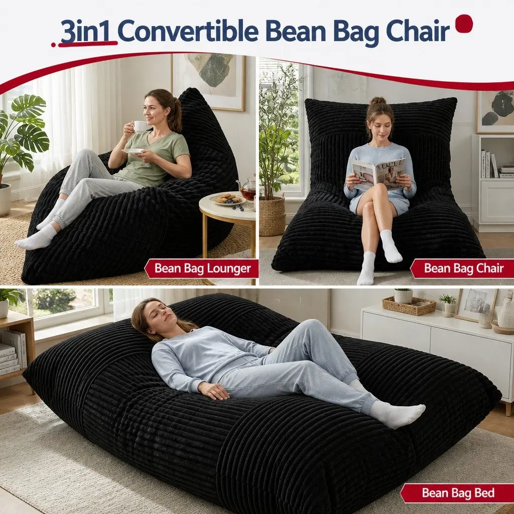 3-in-1 Convertible Bean Bag Chair Lounger Bed Black Polyester