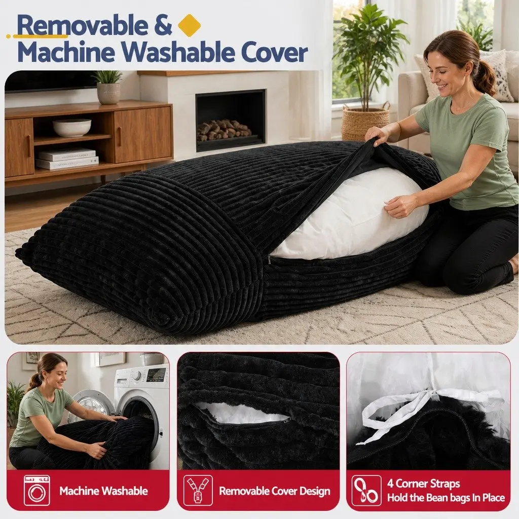 3-in-1 Convertible Bean Bag Chair Lounger Bed Black Polyester