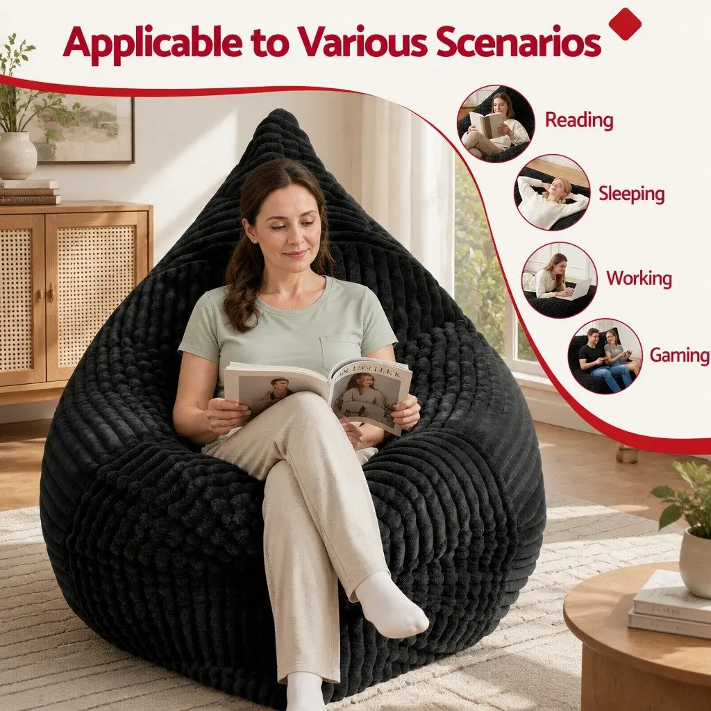 3-in-1 Convertible Bean Bag Chair Lounger Bed Black Polyester