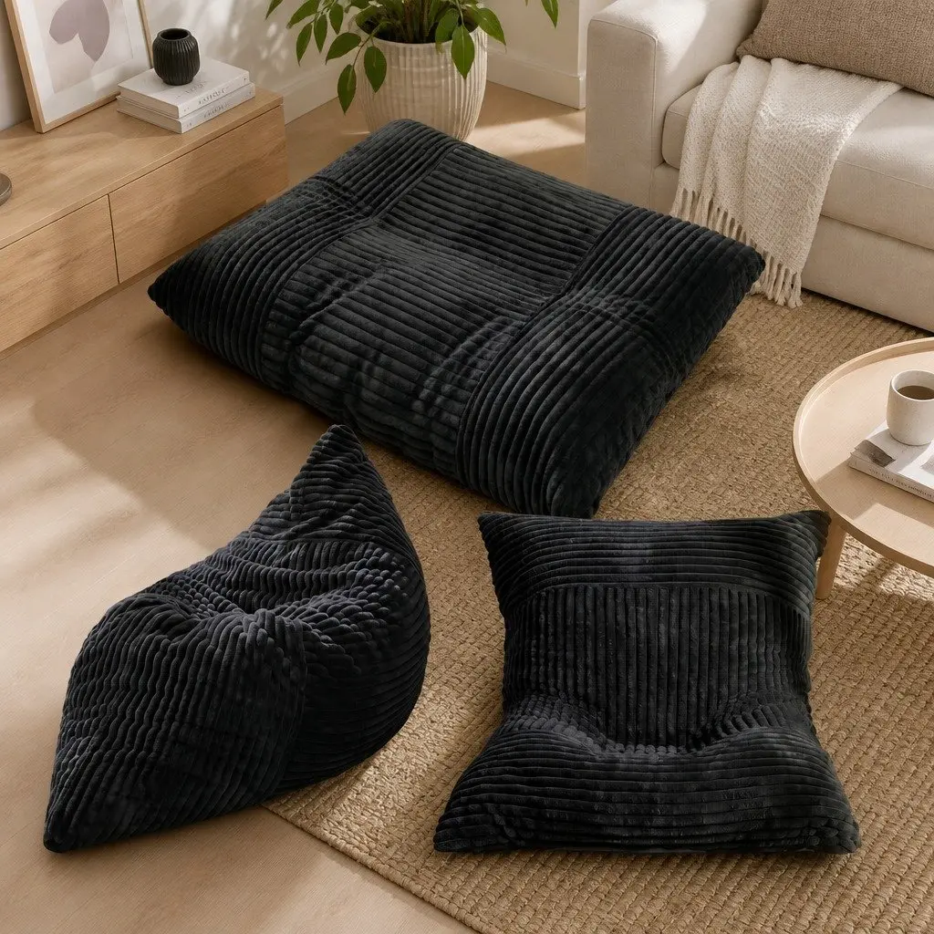 3-in-1 Convertible Bean Bag Chair Lounger Bed Black Polyester