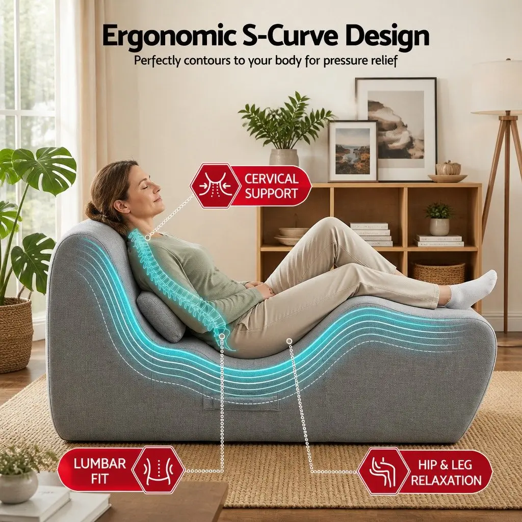 Chaise Lounge Chair Ergonomic S-Curve Floor Lounger Grey High-Density Foam