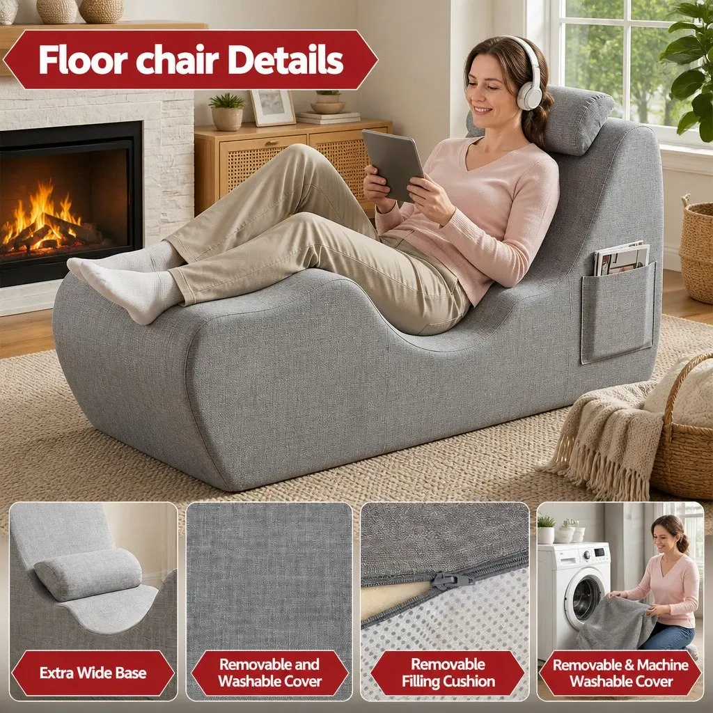 Chaise Lounge Chair Ergonomic S-Curve Floor Lounger Grey High-Density Foam