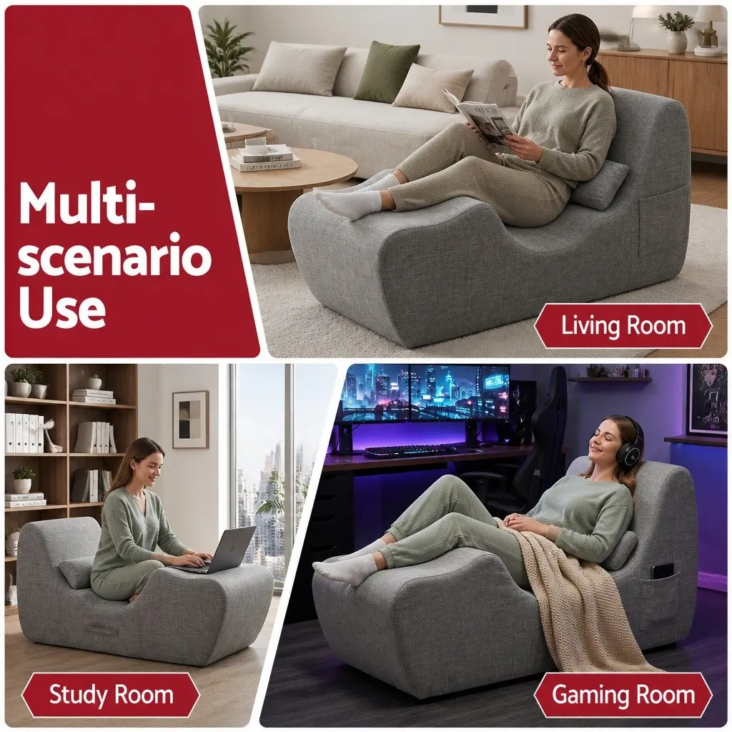 Chaise Lounge Chair Ergonomic S-Curve Floor Lounger Grey High-Density Foam