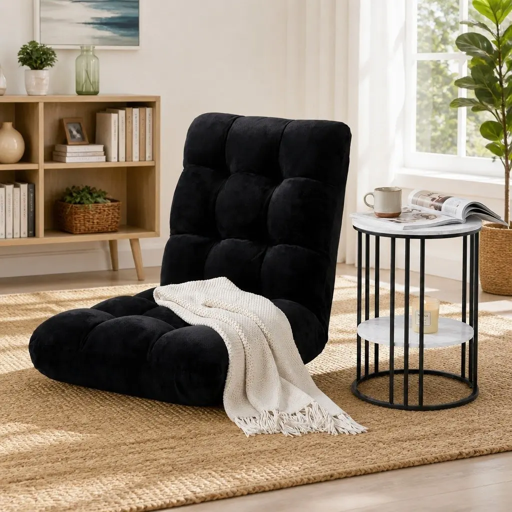 Floor Lounge Chair and 2-Tier Coffee Table Bundle Adjustable Positions Flannel Fabric Steel Frame White and Black