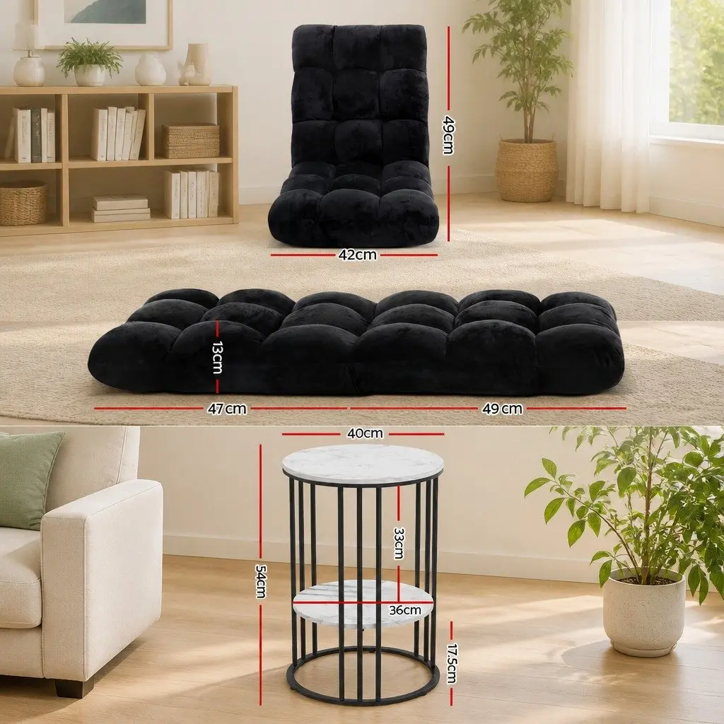 Floor Lounge Chair and 2-Tier Coffee Table Bundle Adjustable Positions Flannel Fabric Steel Frame White and Black