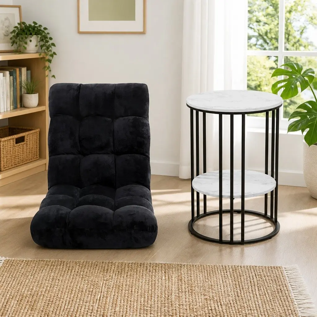 Floor Lounge Chair and 2-Tier Coffee Table Bundle Adjustable Positions Flannel Fabric Steel Frame White and Black