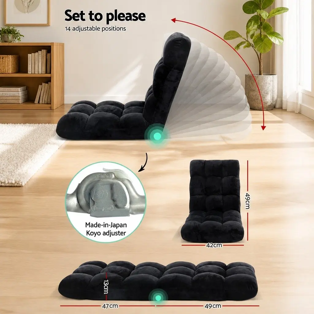 Floor Lounge Chair and 2-Tier Coffee Table Bundle Adjustable Positions Flannel Fabric Steel Frame White and Black