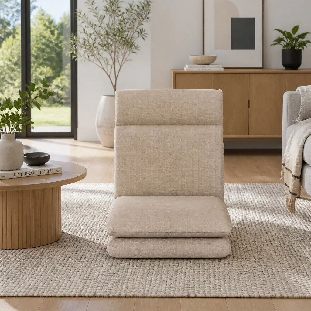 Floor Chair Sofa Lounge Reclining Foldable Portable Faux Linen Fabric Beige