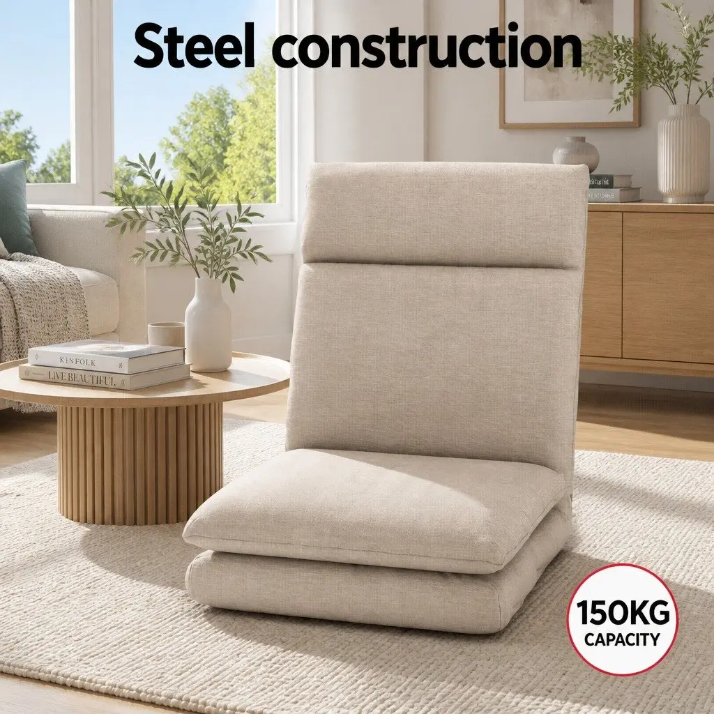 Floor Chair Sofa Lounge Reclining Foldable Portable Faux Linen Fabric Beige
