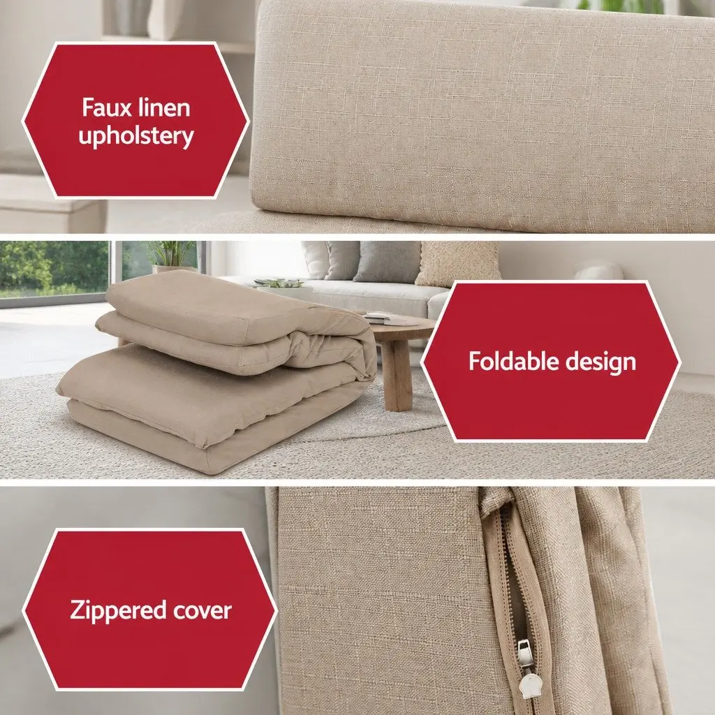 Floor Chair Sofa Lounge Reclining Foldable Portable Faux Linen Fabric Beige