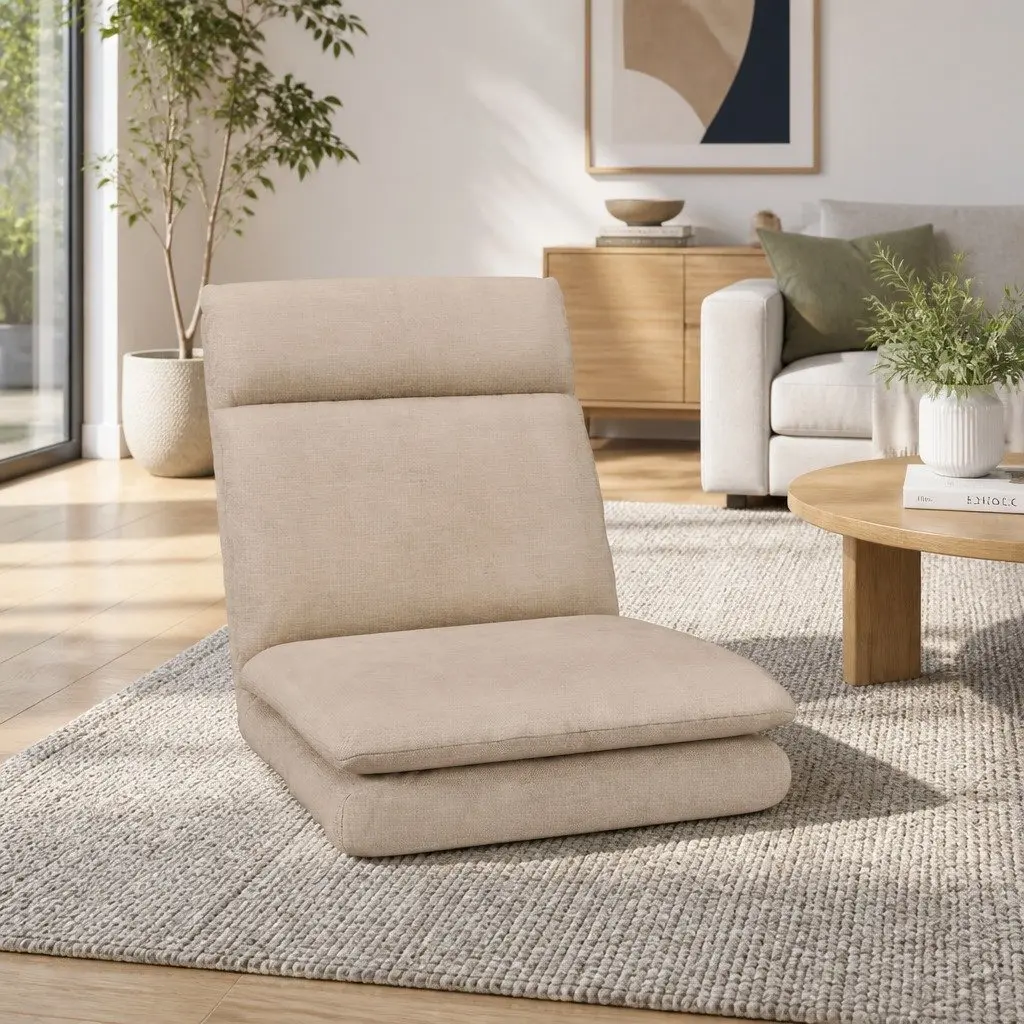 Floor Chair Sofa Lounge Reclining Foldable Portable Faux Linen Fabric Beige