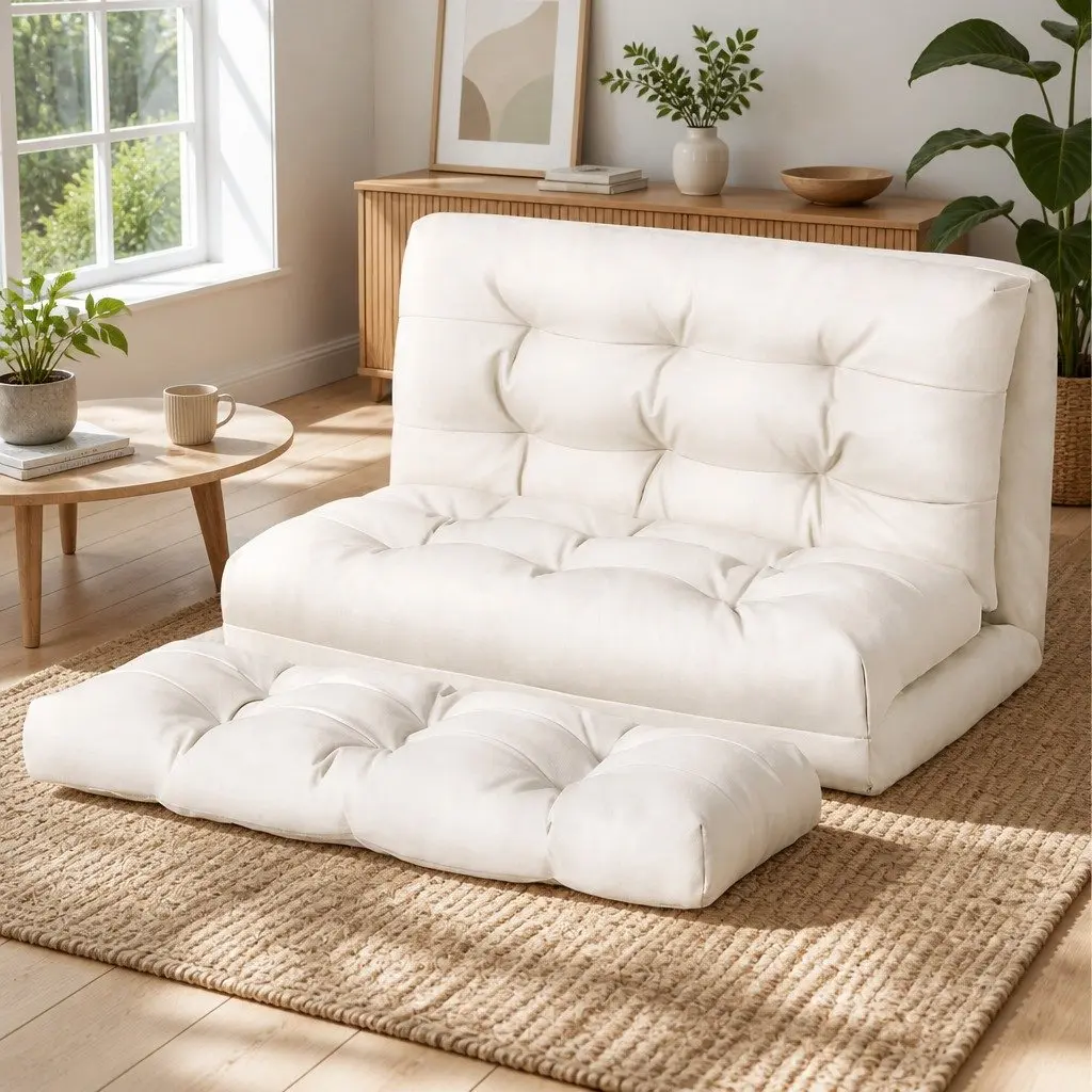 Floor Lounge Sofa Bed Reclining 2 Seater Foldable Beige PU Leather