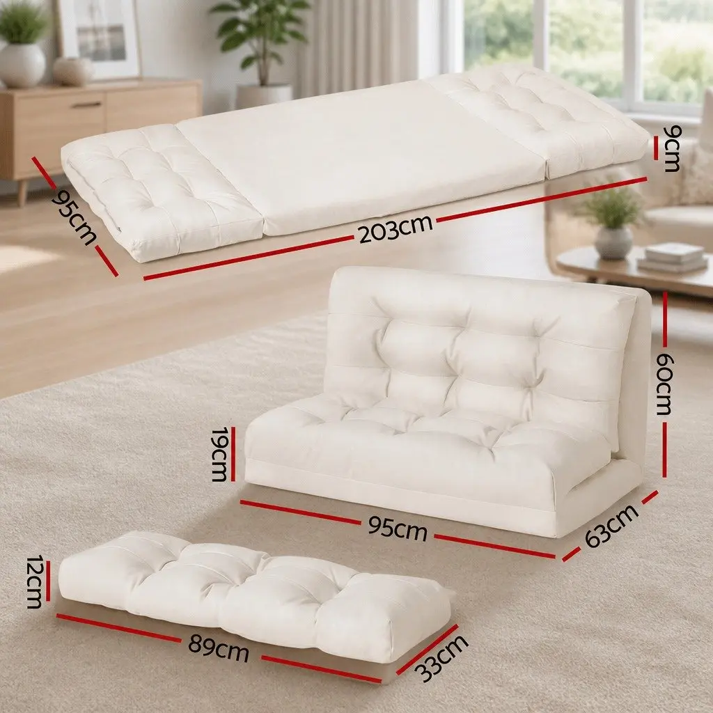 Floor Lounge Sofa Bed Reclining 2 Seater Foldable Beige PU Leather