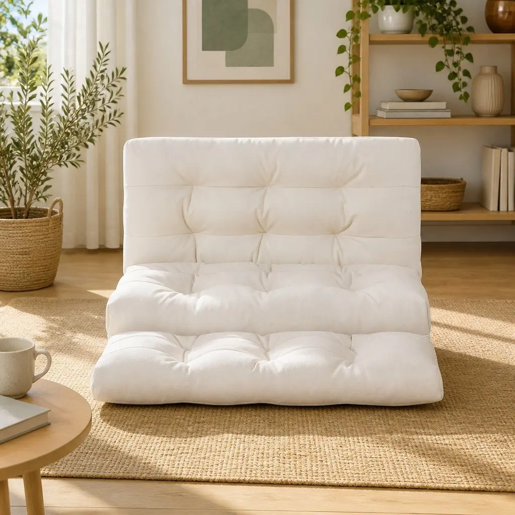 Floor Lounge Sofa Bed Reclining 2 Seater Foldable Beige PU Leather