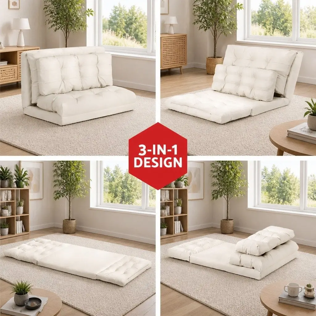 Floor Lounge Sofa Bed Reclining 2 Seater Foldable Beige PU Leather