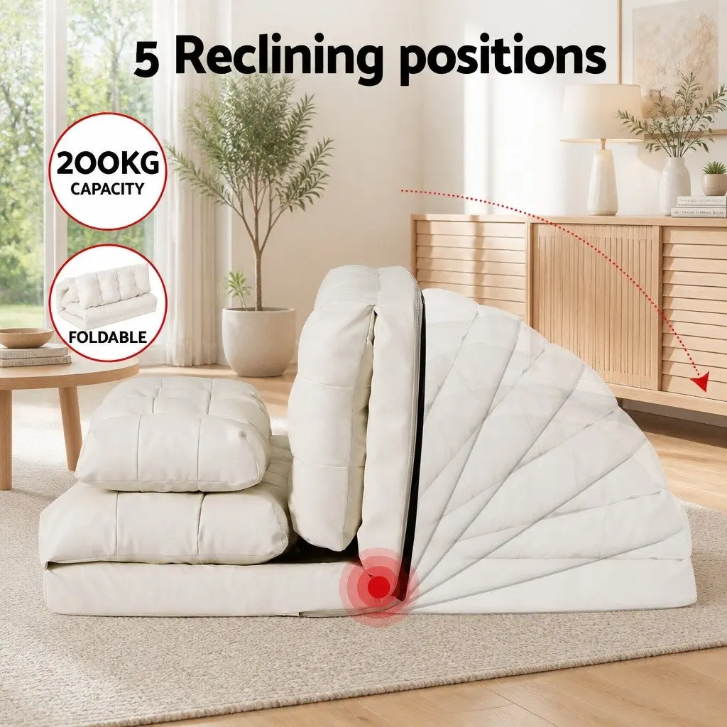 Floor Lounge Sofa Bed Reclining 2 Seater Foldable Beige PU Leather
