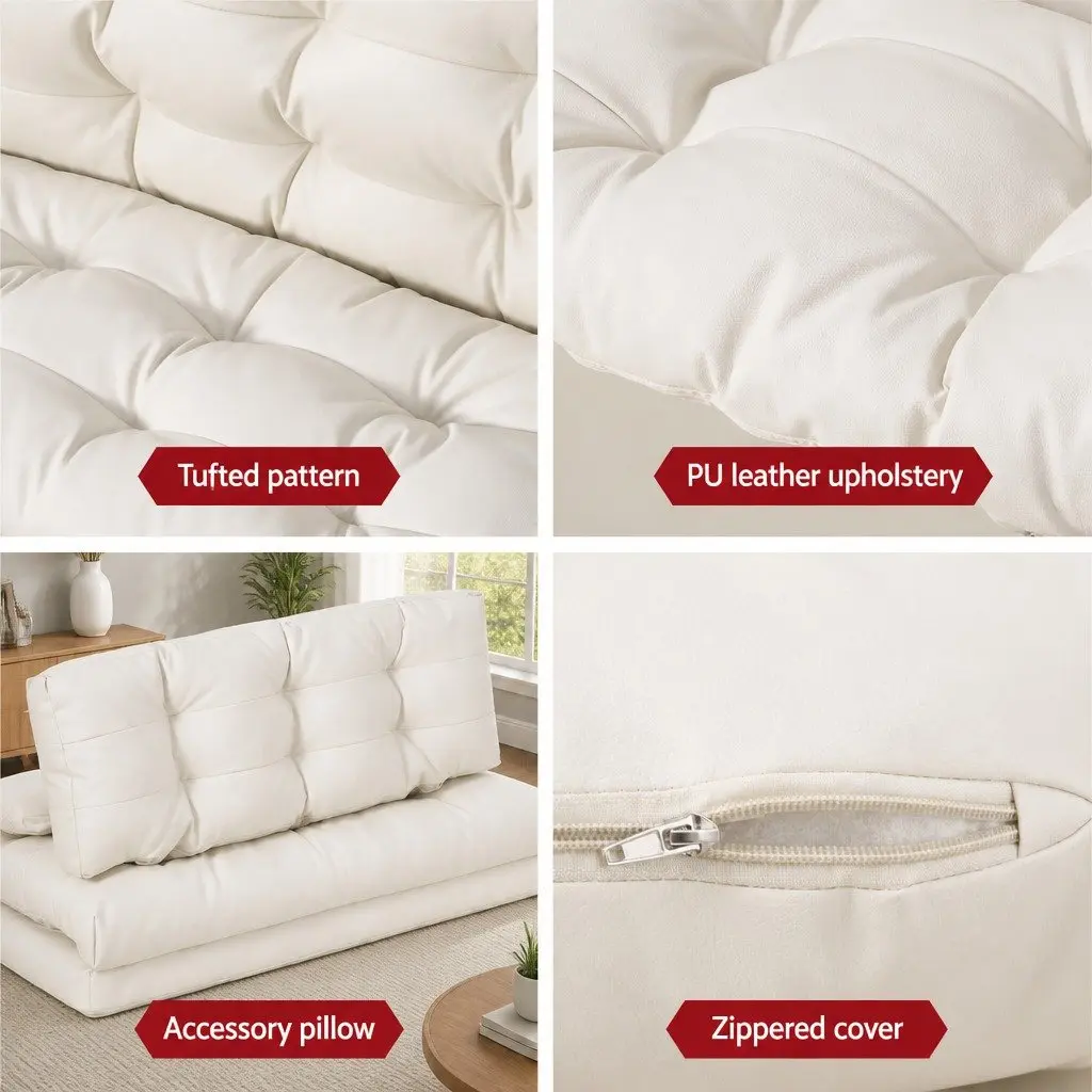 Floor Lounge Sofa Bed Reclining 2 Seater Foldable Beige PU Leather