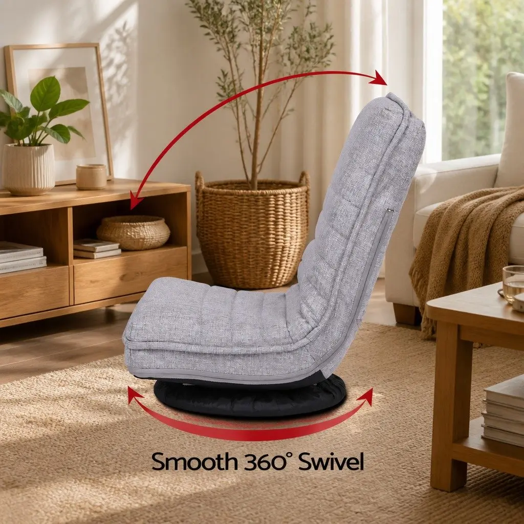 Adjustable Floor Lounge Chair Foldable Gaming Seat with 360 Swivel Metal Frame Beige