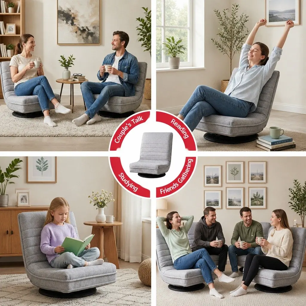 Adjustable Floor Lounge Chair Foldable Gaming Seat with 360 Swivel Metal Frame Beige