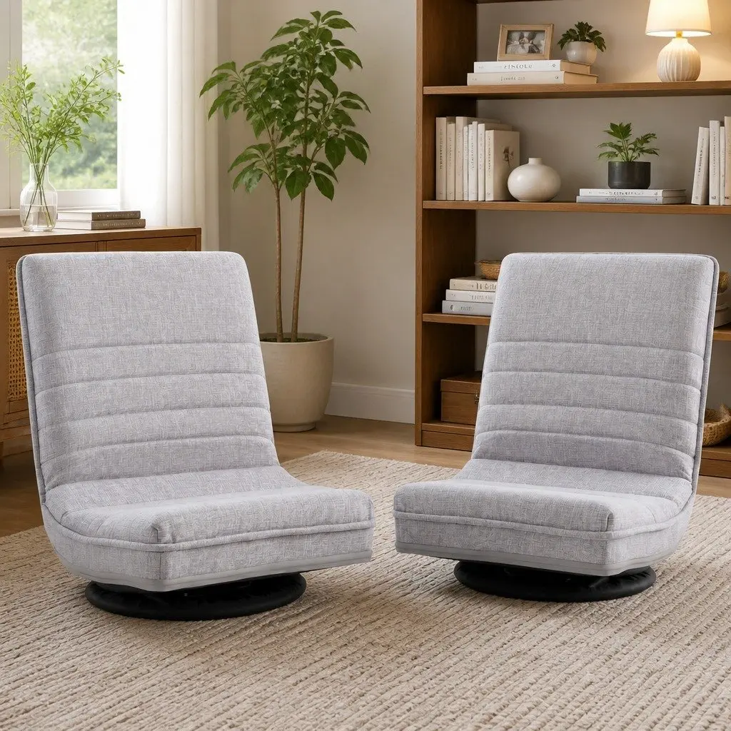 Adjustable Floor Lounge Chair Foldable Gaming Seat with 360 Swivel Metal Frame Beige